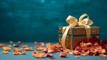 Teal And Gold Gift Box On A Teal Backdrop With Rose Petals Scattered Around