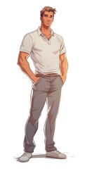 Wall Mural - colorful illustration of A handsome french man, standing, wearing a gray polo shirt, with hand in the pocket