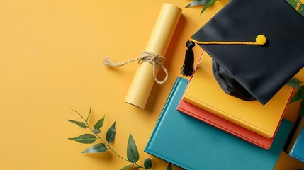 Top view of graduation hat on yellow backdrop with books and a big space for text or product advertisement, Generative AI.