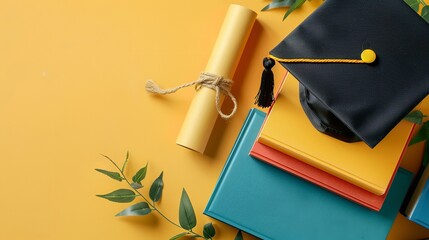 Wall Mural - Top view of graduation hat on yellow backdrop with books and a big space for text or product advertisement, Generative AI.