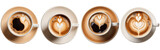 Fototapeta  - A series of 4 coffee cups isolated on a transparent background, top view