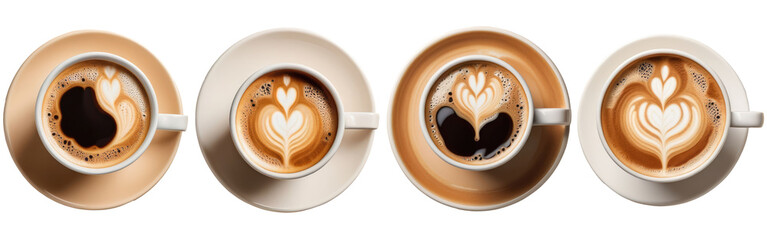 A series of 4 coffee cups isolated on a transparent background, top view