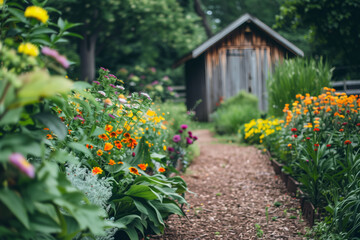 Charming garden path lined with vibrant flowers leading to a rustic wooden shed in a lush, green setting