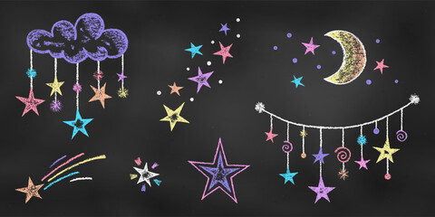 Wall Mural - Textural Chalk Drawn Sketch. Set of Colorful Design Elements Night Sky Decorations Isolated on Black Blackboard.