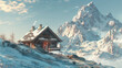 Snow-capped peaks framing the quaint wooden dwelling against a clear sky.