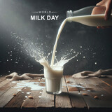 Fototapeta Kwiaty - World Milk Day, Vector illustration, World Milk Day poster, Milk Day, glass milk bottle | Happy World Milk Day poster, and spilled milk vector, Happy Milk Day, poster, bottle, glass, post, vector,