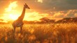 Graceful giraffe in savanna, photorealistic low angle shot capturing warm sunset glow