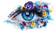 Female eye with blue eyeshadow and flowers