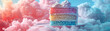 Vibrant multicolored layered cake with creamy topping surrounded by fluffy pink and blue clouds, presented in a fantasy style