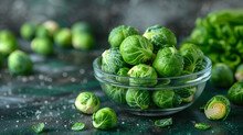 Fresh Brussels Sprouts In A Bowl On A Rustic Table With Salt Sprinkles, Healthy Food Concept.