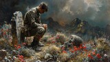Fototapeta Do akwarium - A classic oil painting of a soldier kneeling at the grave of a fallen comrade, their head bowed in silent reverence.
