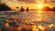 A tourists kayaking on the river sunset Surrounded by water Clouds and tranquil nature in the sun reflecting the sunset on the river and discovering wild nature.