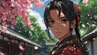 Portrait of female character of game with heroic, focused expression, looks as samurai or warrior against background with blossom tree. Concept of comparisons of eras, history. Cartoon art style.