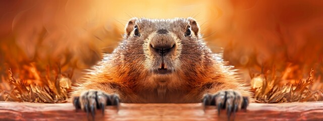 Cute groundhog on brown background, wide horizontal panoramic banner with copy space, or web site header with empty area for text.