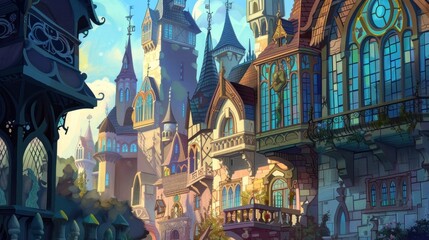 Wall Mural - Enchanting Fairy Tale Castle Illustration with Turrets and Princess