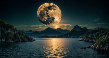 Wall Mural - Beautiful night landscape with giant moon