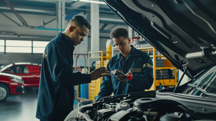 Wall Mural - In the bright workshop of a car service centre, an auto mechanic with a diagnostic device in hand, consults with a colleague over the open bonnet of a car. Blur effect in the background