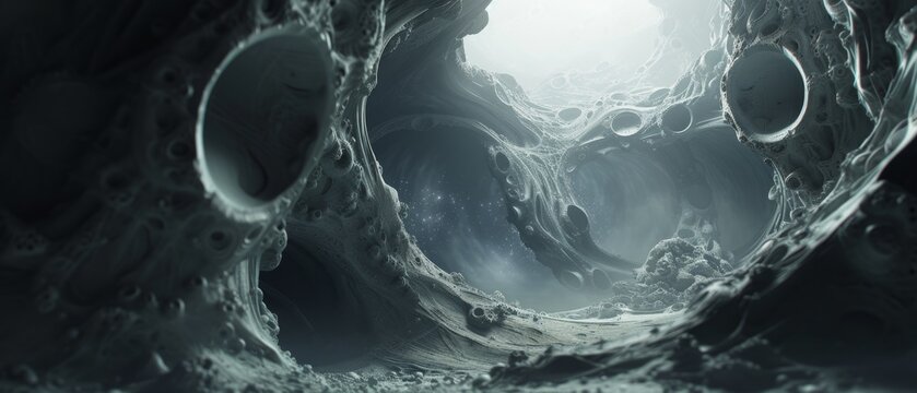 A shadowy, surreal landscape with twisted, organic structures emerging from an abyss, rendered in high detail with Octane's realistic lighting.