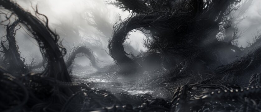 A shadowy, surreal landscape with twisted, organic structures emerging from an abyss, rendered in high detail with Octane's realistic lighting.