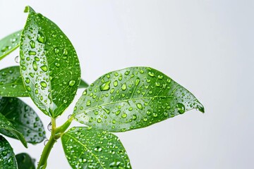 Wall Mural - Green plant with dew drops on leaves, isolated on white background - Nature close-up