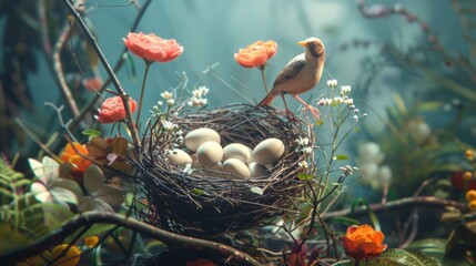 Canvas Print - A bird is sitting on a nest with eggs in it, AI