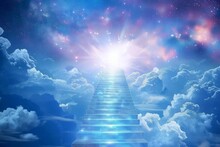 Heavenly Stairway Leading To Glowing Gates Of Paradise, Spiritual Ascension Concept Illustration