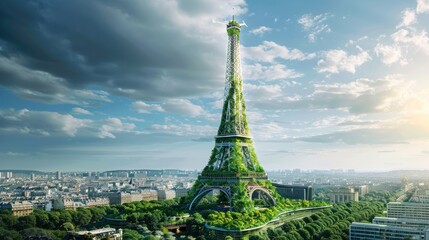 Transform the Eiffel Tower with vertical gardens, wind turbines, and solar panels,