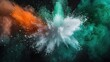 Explosive burst of colored powder against a dark background, where vibrant hues of green, white, and orange collide in a mesmerizing display.