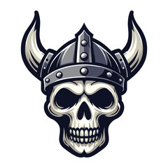 Wall Mural - Viking head skull in helmet with horn design illustration, Nordic Scandinavian warrior, suitable for t-shirt, tattoo, logo design. Vector template isolated on white background