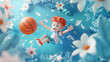 Joyful redhead boy playing basketball amongst blooms