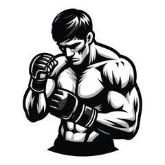 Wall Mural - Man mixed martial arts athlete half body design illustration, MMA sport fighter, octagon combat, kicking strike, punching with fist. vector template isolated on white background