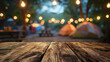 Relaxing holiday. Travel and camping adventure lifestyle in park with outdoor tent and wooden table on blur background.AI.
