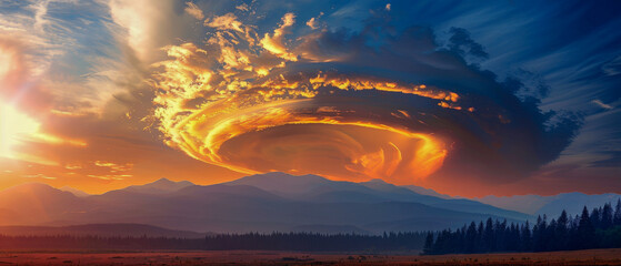 Wall Mural - a large orange cloud is hovering over a mountain range