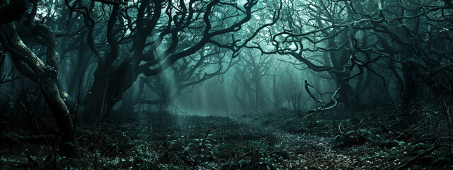 Wall Mural - a dark forest with trees and a path
