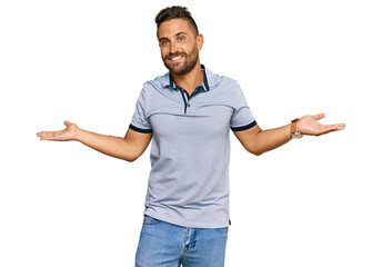 Poster - Handsome man with beard wearing casual clothes smiling showing both hands open palms, presenting and advertising comparison and balance