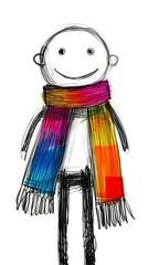 Black and white stick figure wearing a plain colorful scarf