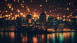 Retro-themed abstract backdrop featuring bokeh defocused lights and cityscape shadows at night, exuding a vintage ambiance.