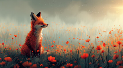 Wall Mural - Fox in field of poppies cute grass illustration