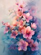 Relaxing ethereal blossoms in watercolor, bright soft pastels, serene and dreamy, soothing elegance