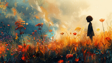 Wall Mural - Girl in field of flowers summer sunset illustration