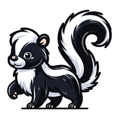 Wall Mural - Skunk full body design illustration, wild mammal skunk with a large fluffy tail and black white stripe along the body, fauna animal concept. Vector template isolated on white background