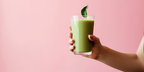 Green smoothie in a glass hand on a pink background