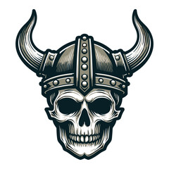 Wall Mural - Viking head skull in helmet with horn vector illustration, Nordic Scandinavian warrior, suitable for t-shirt, logo design, tattoo. Design template isolated on white background