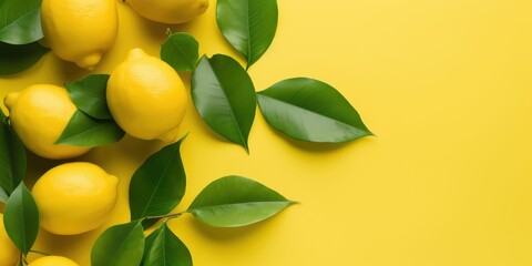 Lemons and lemons with green leaves on a yellow background. top view