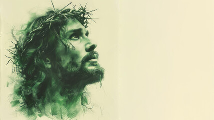 Wall Mural - Green watercolor of A man with long hair and beard resembling Jesus Christ