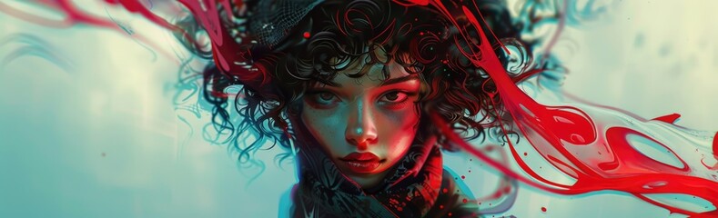 Abstract Woman with Swirling Red Accents, digital art portrait featuring a woman's face with her curly hair intertwined with vibrant red swirls and abstract patterns