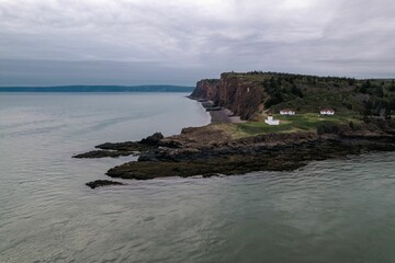 Aerial view of scenic cliffs with calm sea water against a cloudy sky