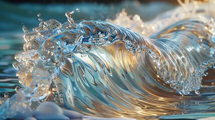 a large and dynamic ocean wave, caught in the golden hour with sparkling sunlight creating a charming reflection.