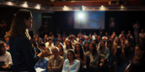 Woman giving Inspirational speech for women In leadership businesses seminar