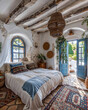 Interior of a rural Greek house, bedroom with boho decor, rough walls and wooden beams